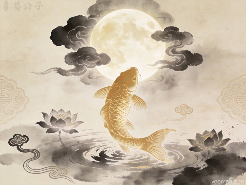 水墨风格的梦境意象画面,锦鲤跃出清水配以莲花如意纹样