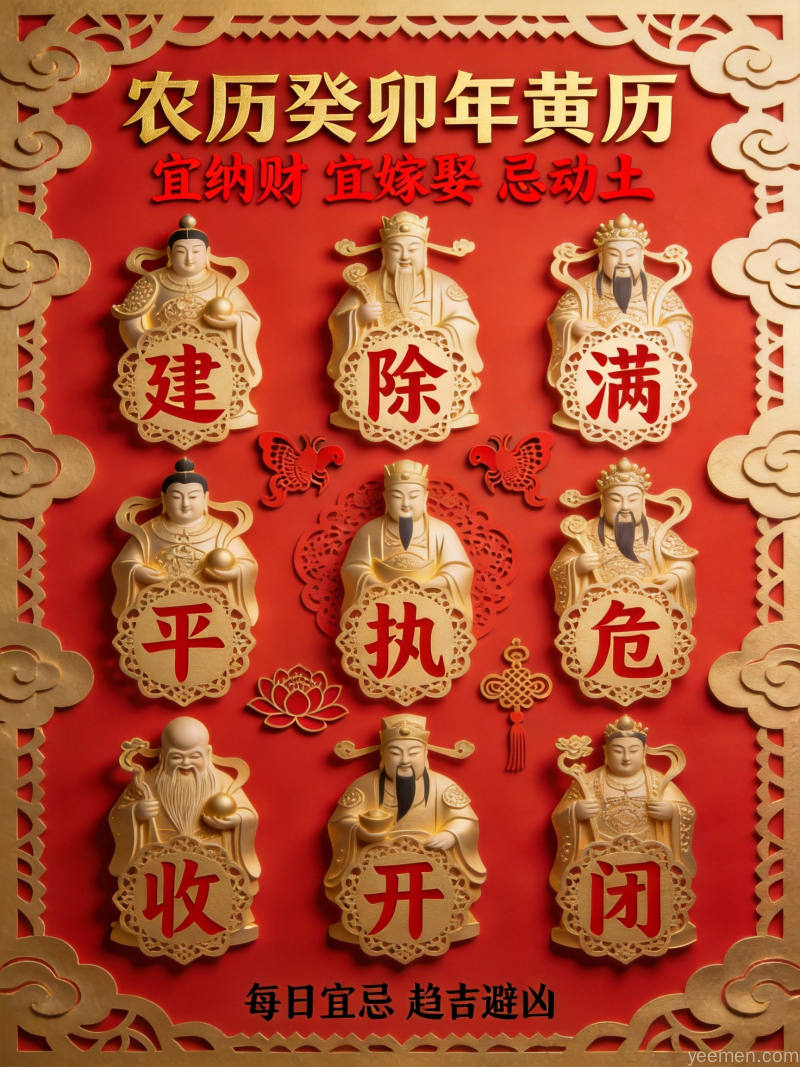 剪纸风格的传统黄历页面,建除十二神配红色吉祥纹样
