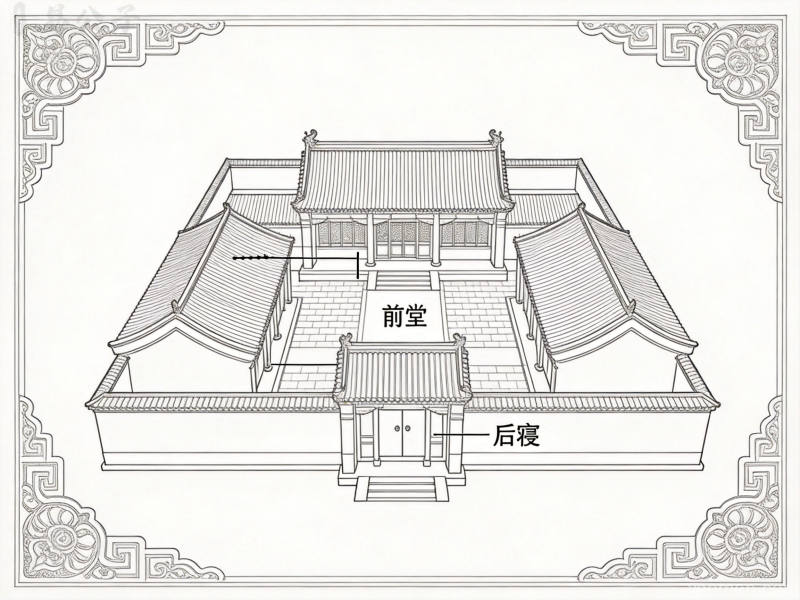 线稿图解风格的中国传统四合院俯视布局图,中轴对称