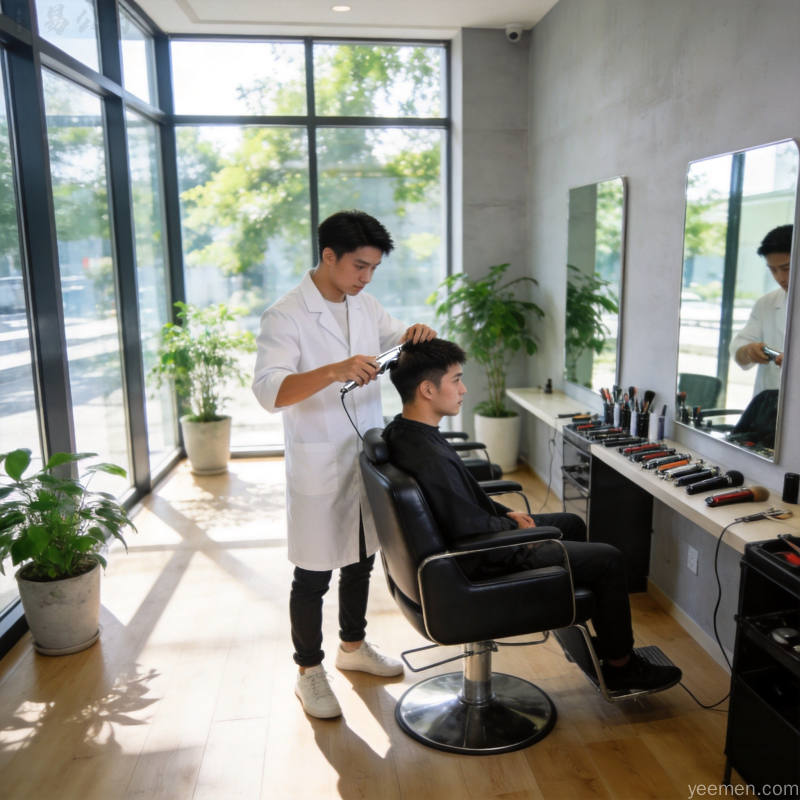 现代明亮理发店中理发师为顾客精心修剪发型，夏日阳光透过窗户洒落清爽氛围
