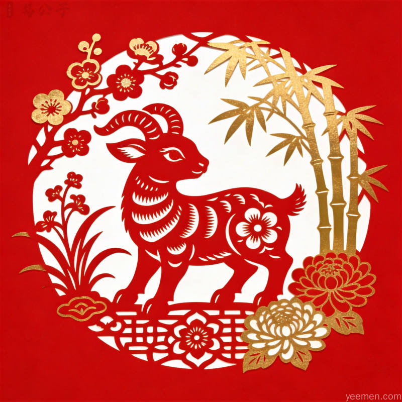 剪纸艺术风格的生肖图案辅以梅兰竹菊，红金配色呈现传统民俗韵味