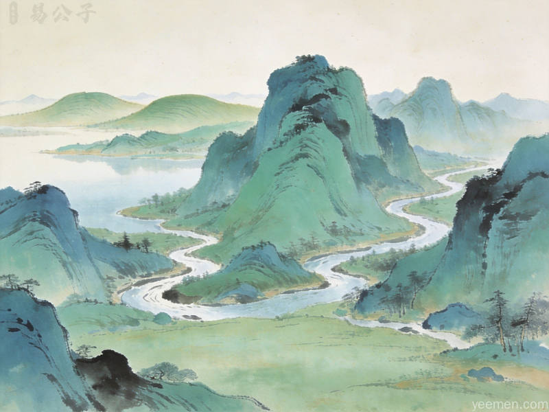 青绿山水风格的连绵山峦与溪流环绕,呈现传统墓葬选址中的背山面水格局