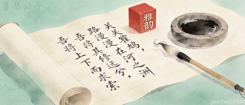 书法卷轴上的诗经楚辞名句与文房四宝，传统取名文化底蕴