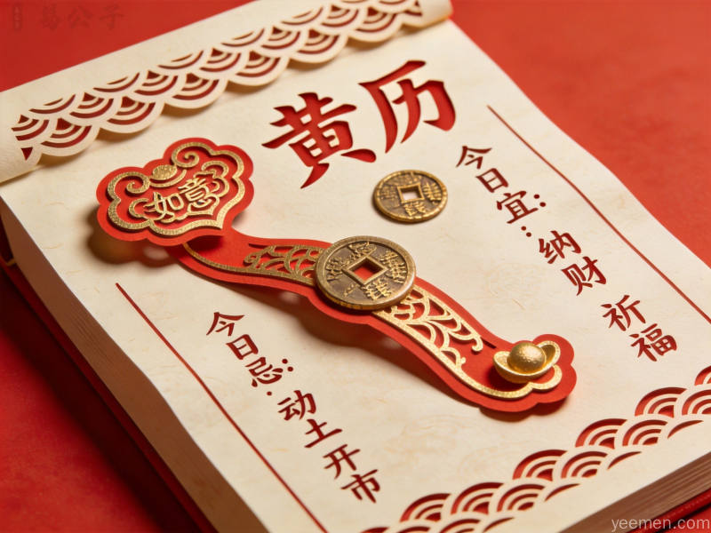 剪纸艺术风格的传统黄历书页搭配如意古铜钱元素红金配色喜庆吉祥氛围