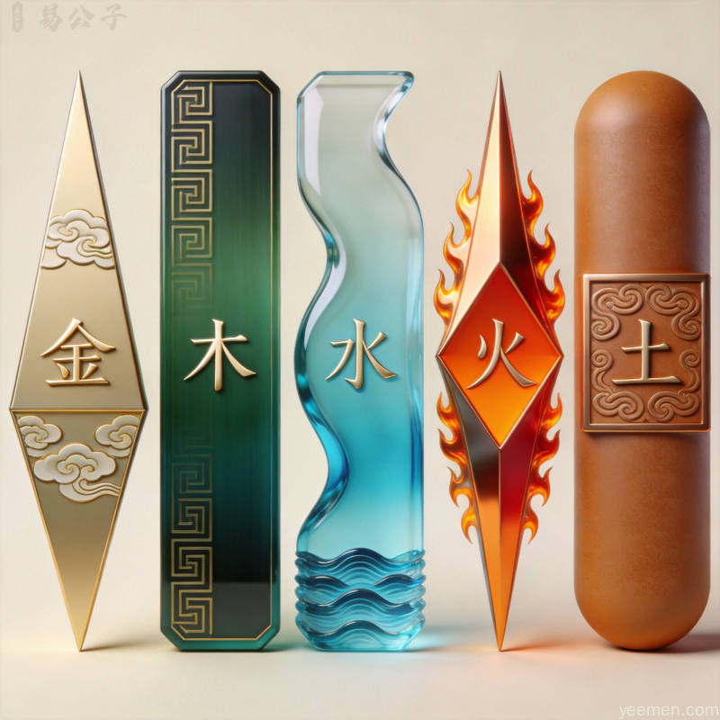 现代国潮风格的五行元素图解，金木水火土的几何化呈现