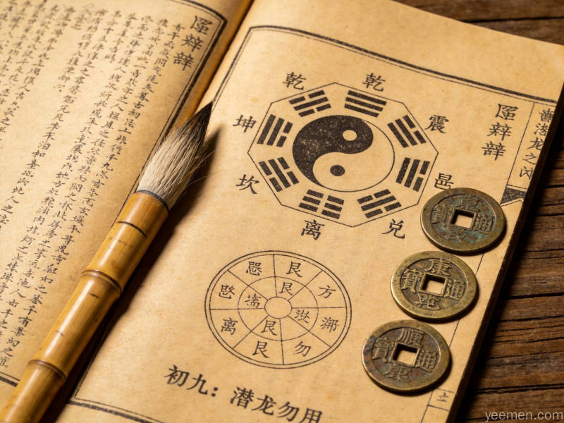 古籍书页上的六十四卦推演图与铜钱，传统术数文化底蕴