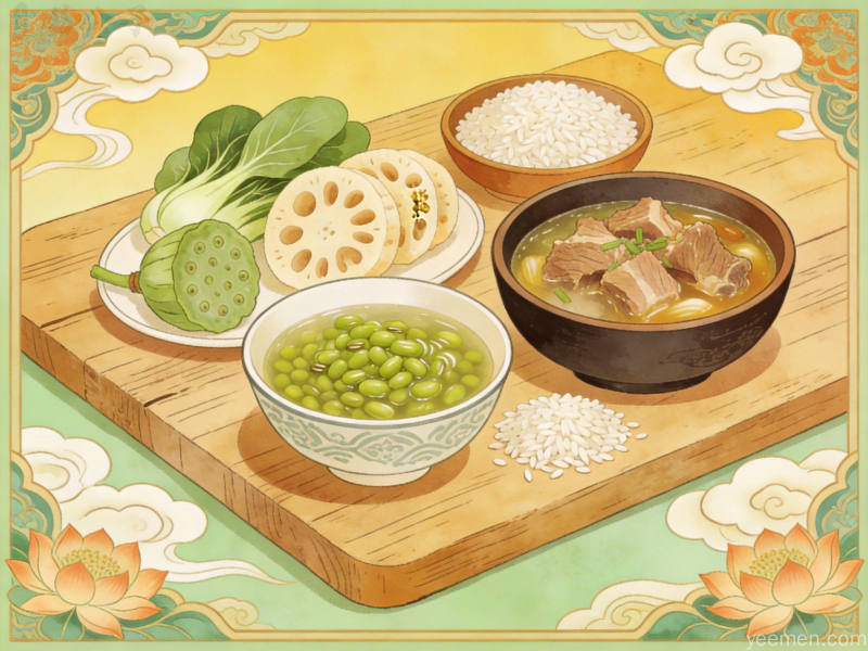 小暑时节传统食俗食材展示，莲藕绿豆汤等时令养生美食