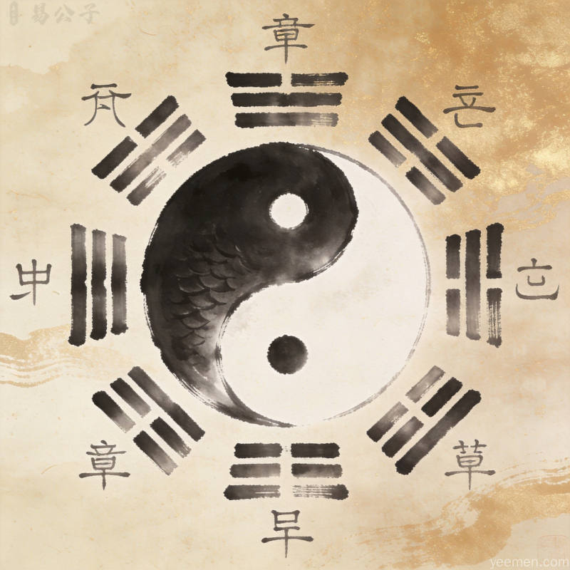 太极八卦图与天干地支符号，传统推演体系的核心架构图示