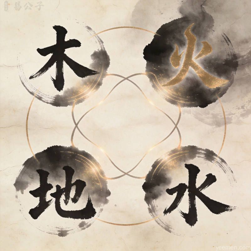 水墨风格五行相生循环图展现金木水火土能量流转