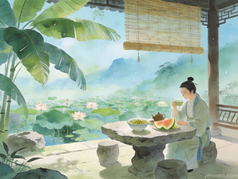 盛夏庭院纳凉品茗消暑场景画