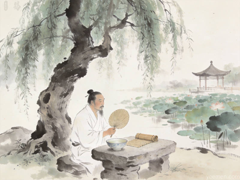 水墨画风格古柳树下文人手持蒲扇消暑场景