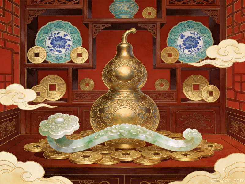 传统吉祥摆件葫芦如意与铜钱组合