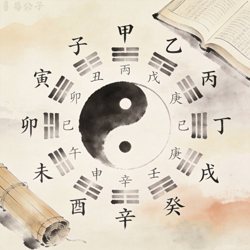 水墨风格天干地支环形排列示意图