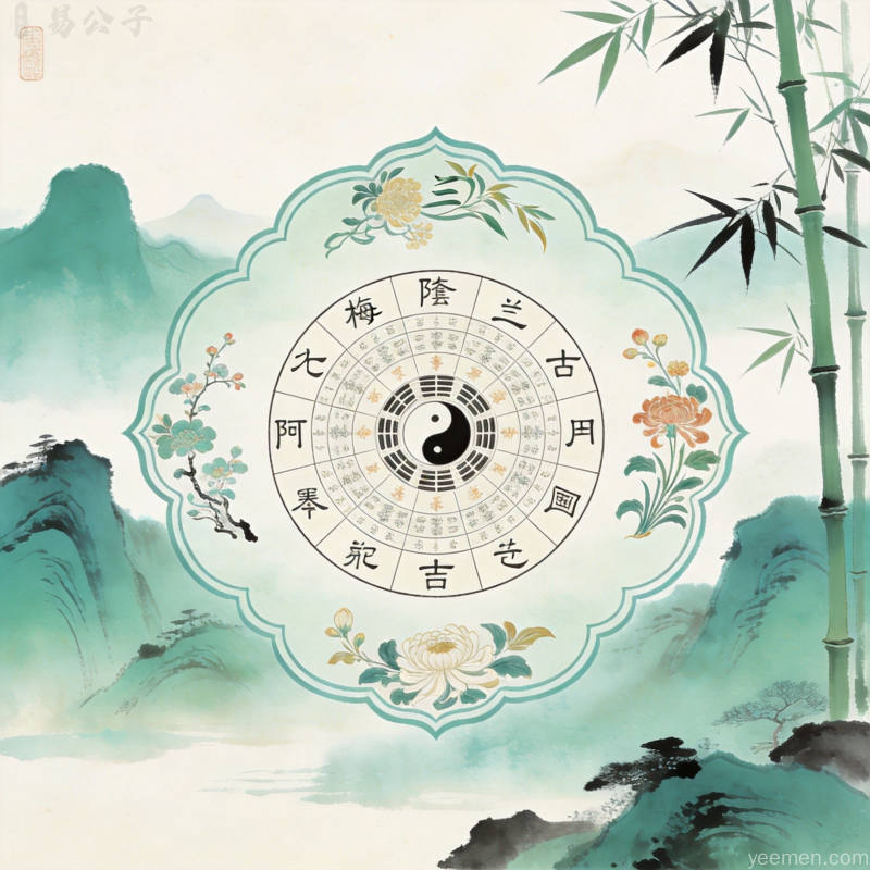 天干地支罗盘图案配以梅兰竹菊传统纹样的青绿山水风格典雅