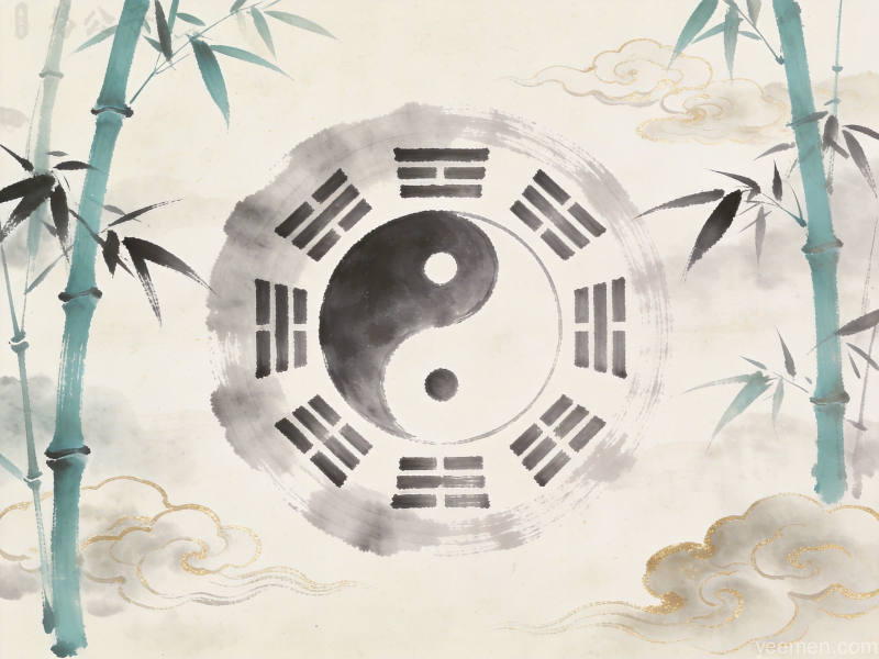 水墨风格的八卦太极图案搭配竹子祥云元素呈现道家哲学意境