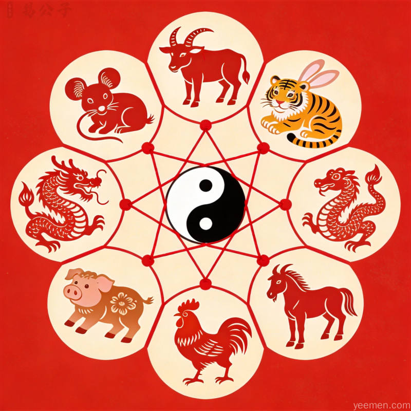 剪纸风格十二生肖圆形环绕图案