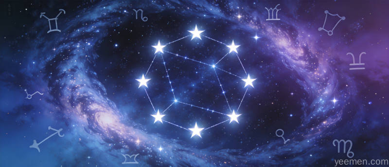 深邃星空中的九星天象图以深蓝紫渐变呈现宇宙银河光带环绕