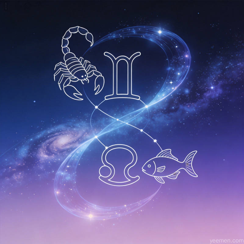 天蝎座与双鱼座星座符号交织,银河光带深蓝紫渐变背景,表达水象星座配对的情感共鸣