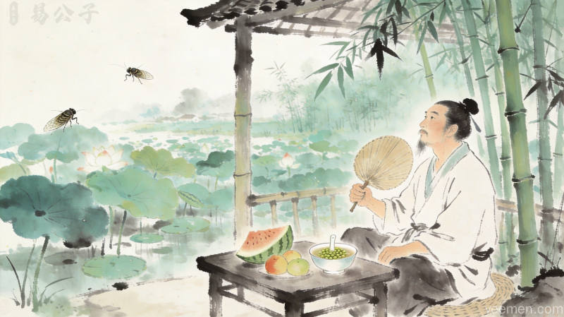 水墨风格的三伏天古人竹林纳凉消暑场景