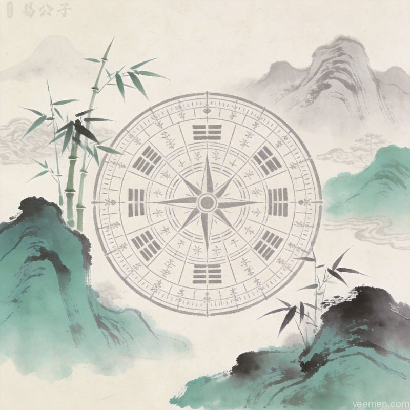 传统罗盘图案配以山水环绕纹样,水墨风格宣纸底,竹子点缀意境悠远