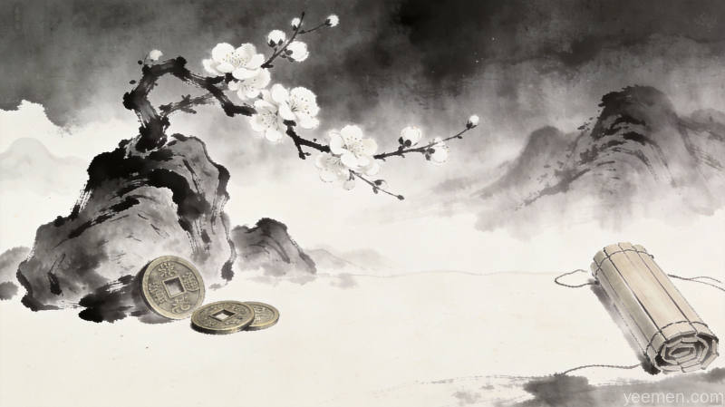 水墨渐变风格的梅花易数白梅山石意境图