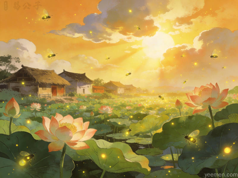 大暑节气荷塘萤火虫飞舞的传统村落夏日场景