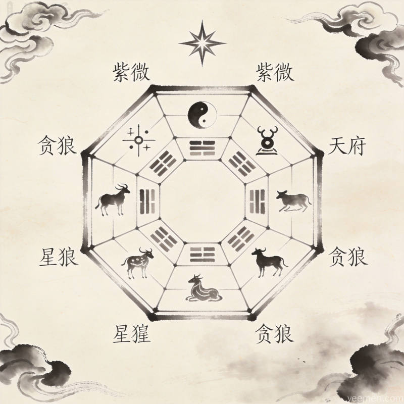 传统宣纸纹理上的紫微斗数星曜分类艺术图案