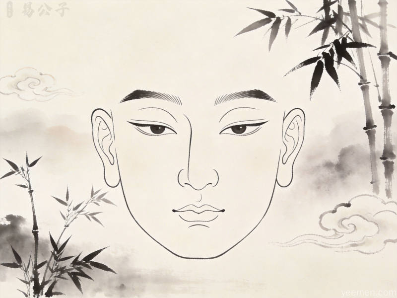 水墨风格的传统五官面部轮廓示意图,极简线条勾勒眉眼鼻口耳形态特征