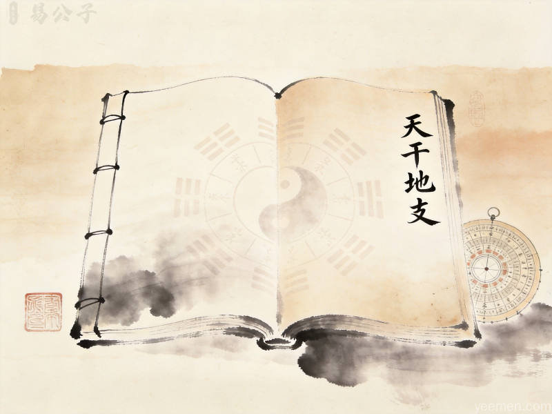 水墨渐变风格的老黄历古籍书页意象,线装古书搭配罗盘印章元素