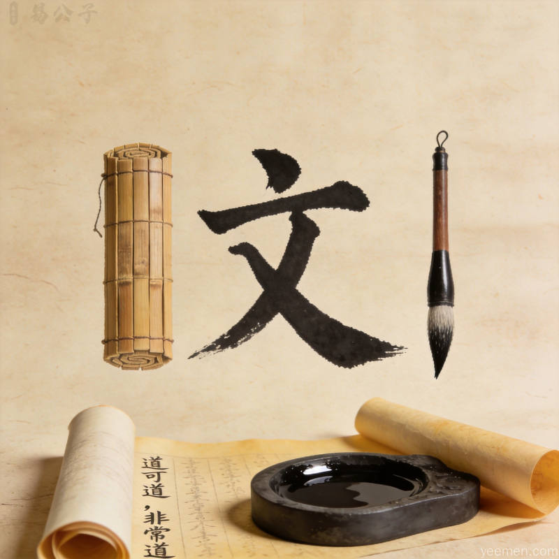 传统汉字拆解艺术搭配毛笔砚台和卷轴元素古纸色背景书卷气浓郁