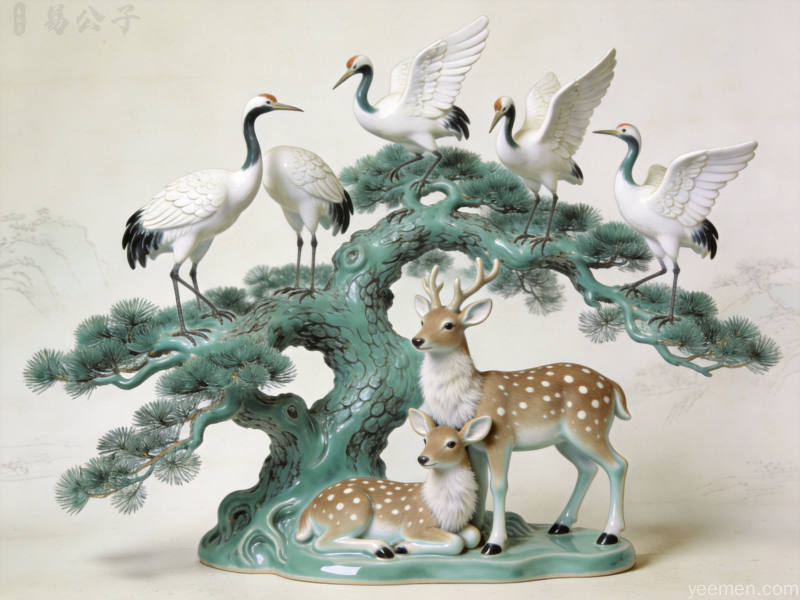 工笔画风仙鹤梅花鹿松枝传统瓷塑摆件