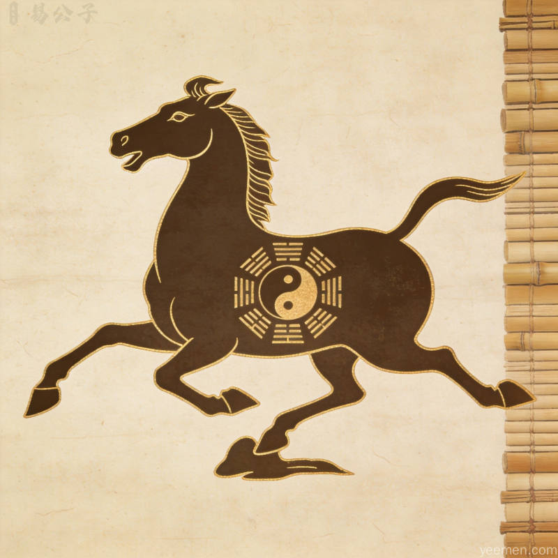 金线勾勒的马形轮廓与八卦符号组合宣纸纹理古典雅致背景