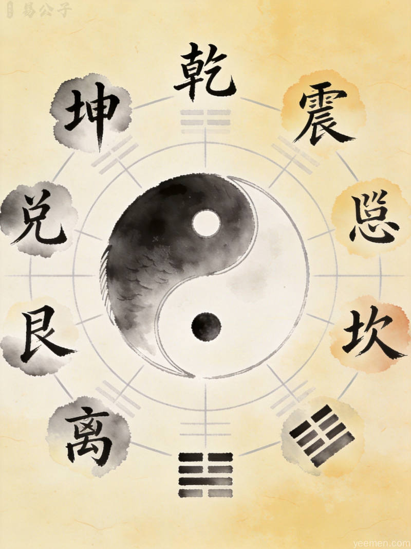 水墨风格九宫八卦图,太极阴阳与八卦方位展示