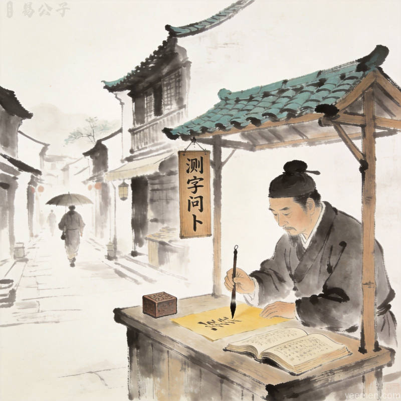 古代书坊街景中测字摊搭配印章古籍元素水墨留白典雅古朴风格