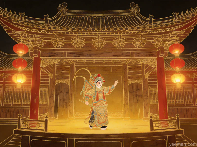传统戏曲舞台上秦腔花旦表演国潮插画