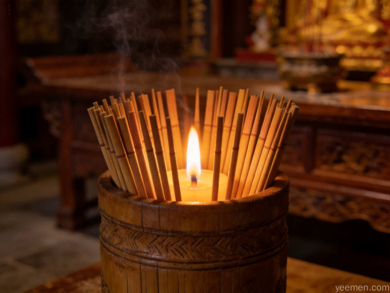 暖色调古庙竹签筒特写配以烛火照亮香烟袅袅氛围