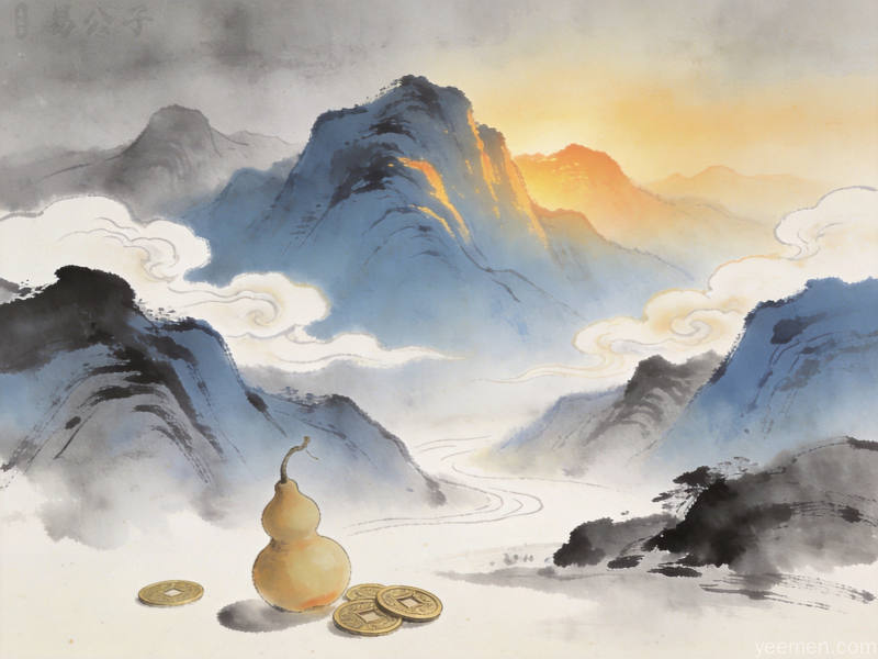 水墨画风远山透出暖光配葫芦铜钱寓意低谷中见希望
