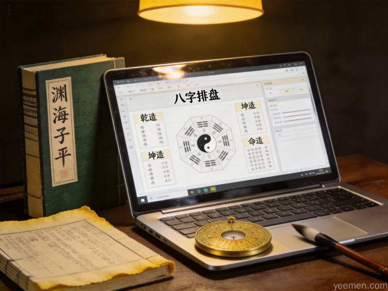 古籍风格展现现代电脑与传统命理典籍的古今融合场景