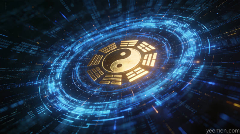 数字空间中数据流与八卦符号交汇的科技可视化画面