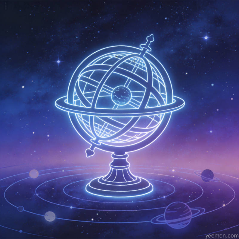 深蓝紫色星空背景下古典浑天仪轮廓线条发光行星轨迹环绕的神秘画面