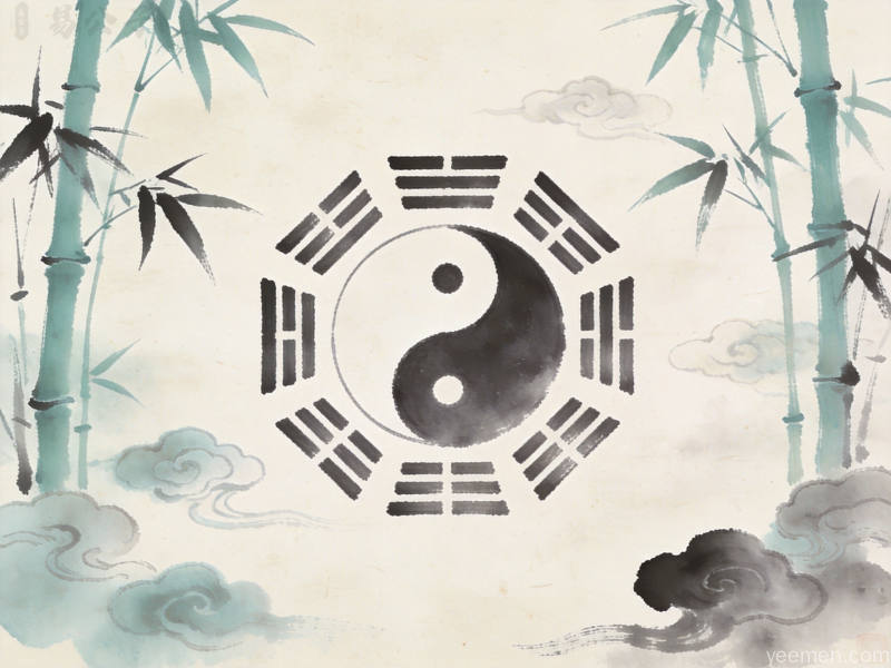 水墨风格的八卦太极图案,搭配竹子祥云元素,宣纸纹理背景意境悠远