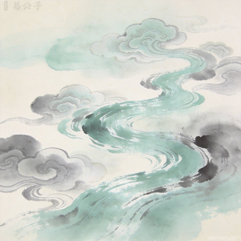 传统水元素梦境与祥云纹样的水墨风格配图