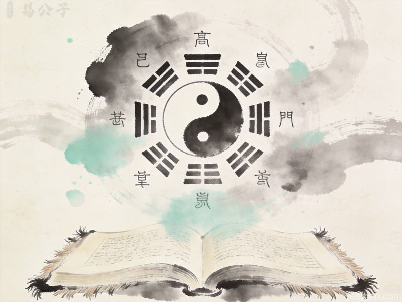传统八卦图与古籍书页元素的水墨风格插图