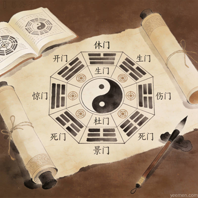 古朴典雅的九宫格阵方位图,搭配古书卷轴毛笔元素深褐色宣纸背景