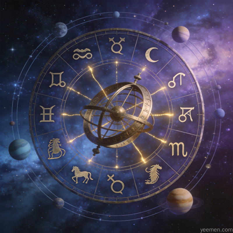 深蓝紫色星空背景中十二星座符号排列成环形圆盘,行星轨道环绕其间
