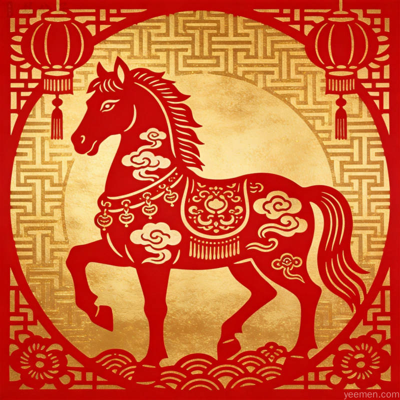 红色剪纸风格的骏马造型,马身装饰传统祥云纹样和如意图案呈现喜庆氛围