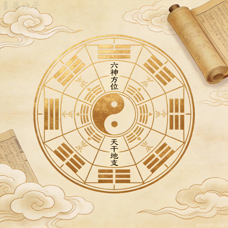 金色线条勾勒的传统罗盘标注六神方位和天干地支环绕祥云呈现庄重典雅