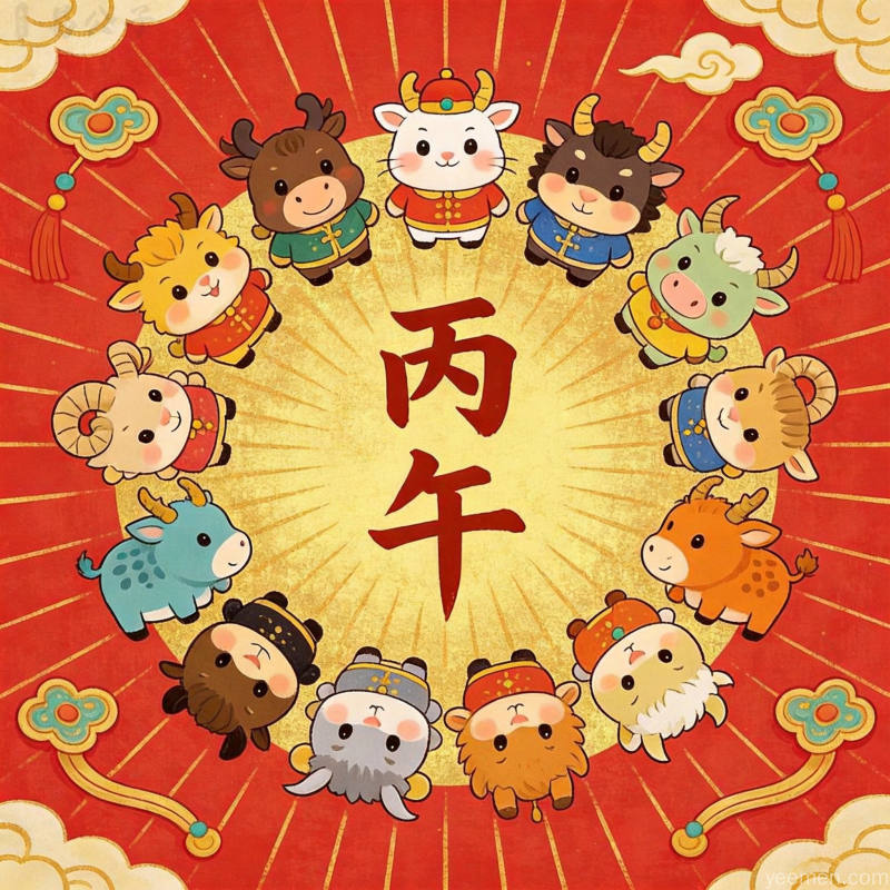 国潮风格十二生肖环形图案与丙午年标记