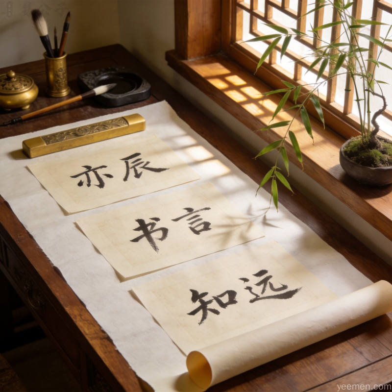 书架前展示多个中性风格名字的书法作品集