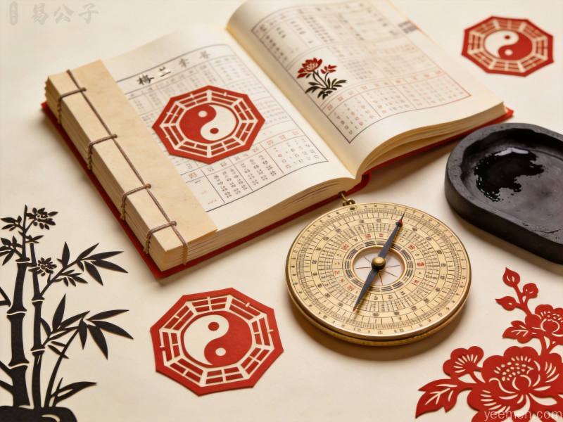 传统历书与古籍的文化意象，线装古书旁放着罗盘砚台